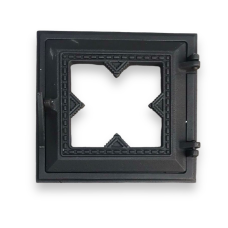 Двері чавунні топкові 25х26 см зі склом “Вишиванка“ для печей та камінів