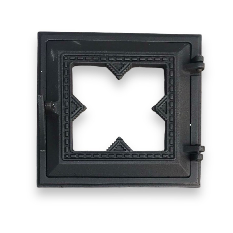 Двері чавунні топкові 25х26 см зі склом “Вишиванка“ для печей та камінів