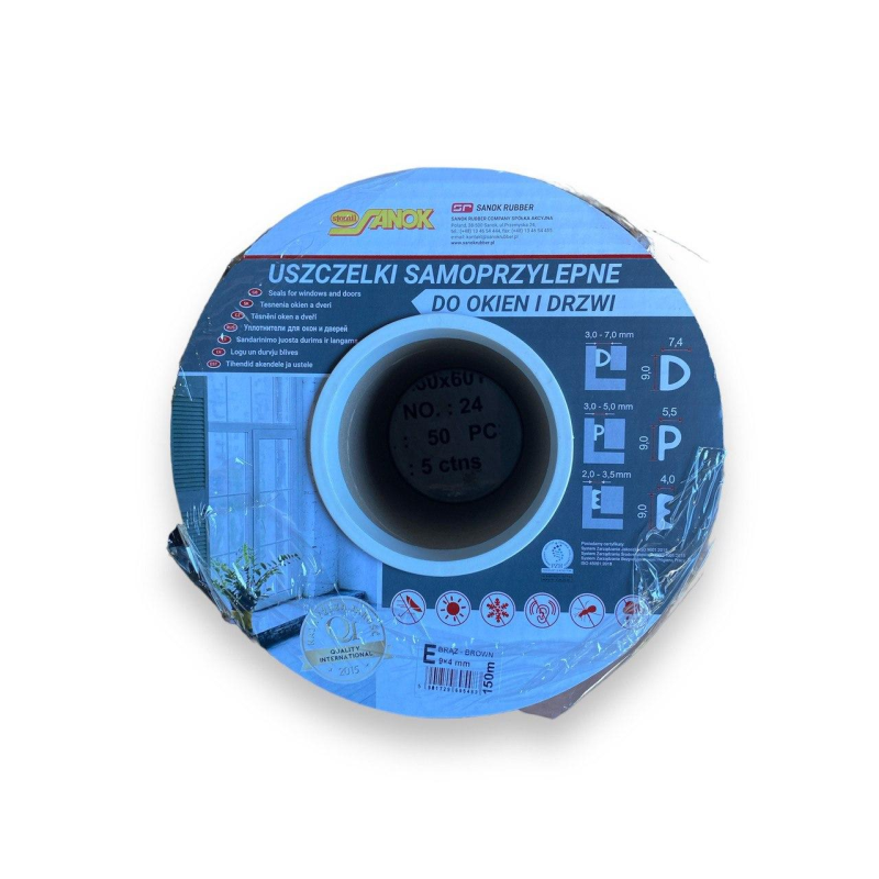 Ущільнювач самоклеючий Sanok Rubber тип Е 9х4 мм 150 м (коричневий) Польща